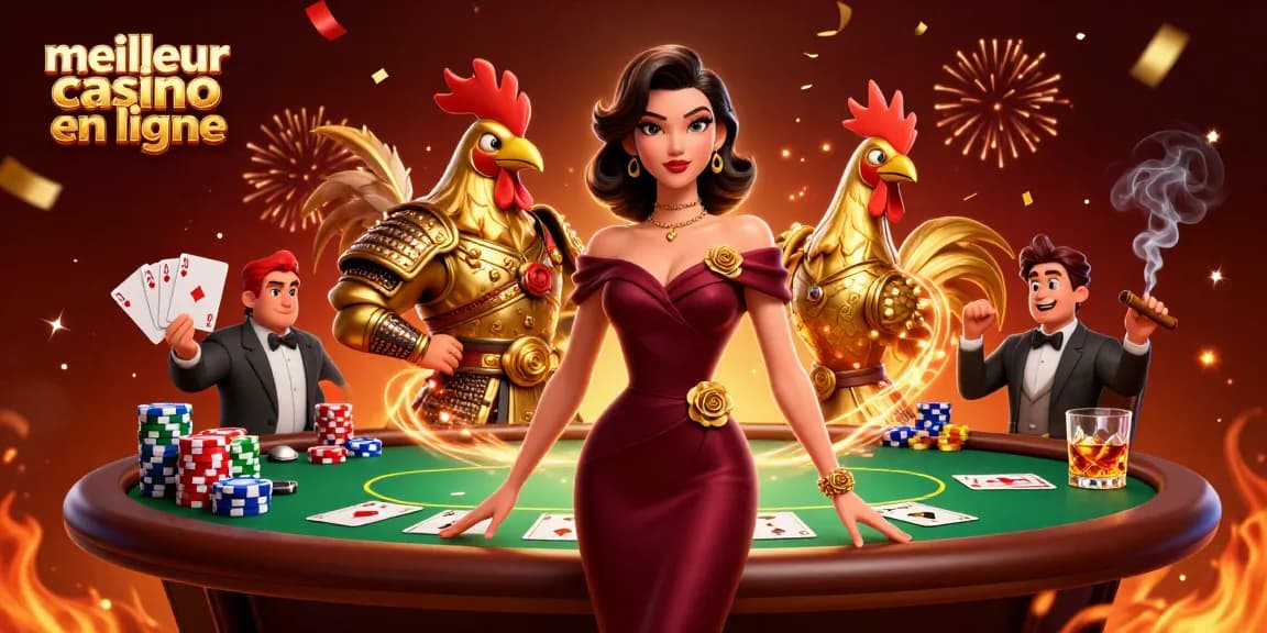 Jouez à des jeux passionnants au meilleur casino en ligne avec une dame glamour et un guerrier coq doré.