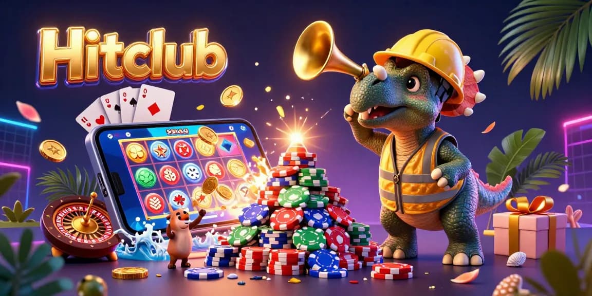 Hitclub members celebrate while playing with vivid slot games, poker chips, and festive elements.