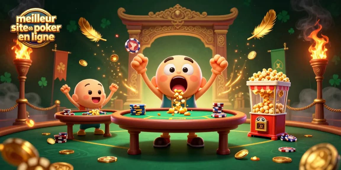 Découvrez le meilleur site de poker en ligne avec des tables animées qui expriment victoire et surprise, entourées de jetons et de chiffres d'or.