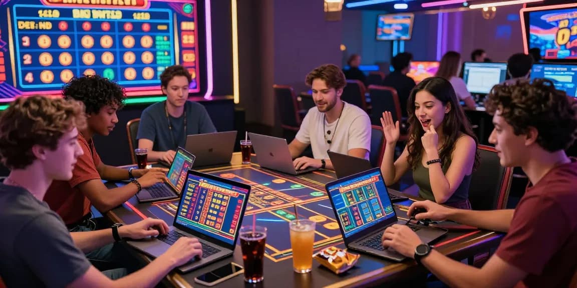 Benihtoto togel players engaging in an exciting online game, featuring vibrant casino graphics and interactive devices.