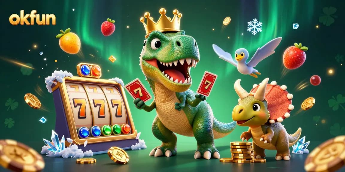 Win big with okfun's vibrant casino atmosphere featuring playful characters and dynamic slot elements.