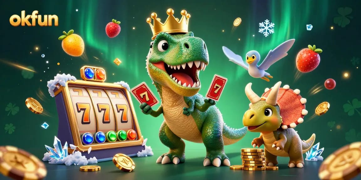 Win big with okfun's vibrant casino atmosphere featuring playful characters and dynamic slot elements.