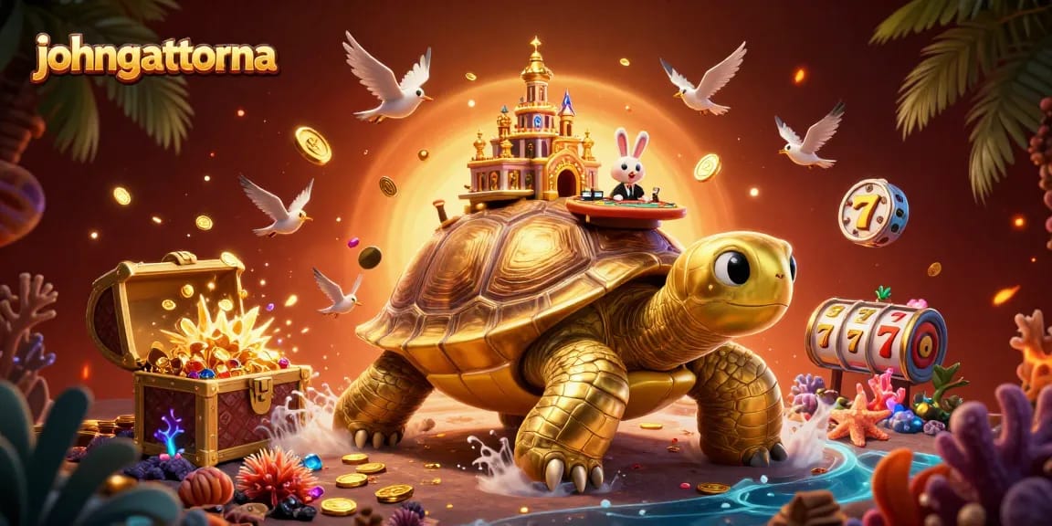 Experience thrilling gameplay with johngattorna’s casino elements featuring a golden tortoise and vibrant treasures.