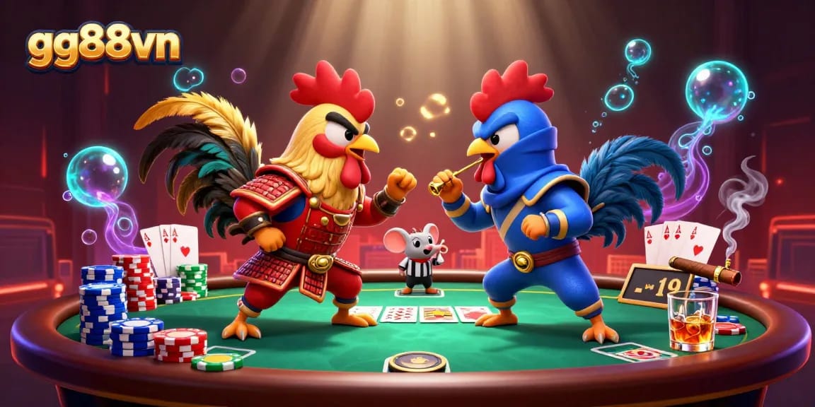 Engage in thrilling gameplay at gg88vn with dynamic rooster fighters and vibrant casino elements.