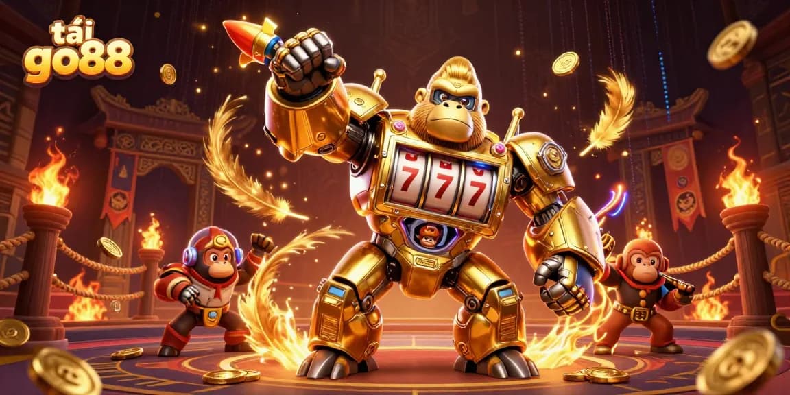 Tải go88 to experience an exciting 3D casino adventure with slot machines, golden colors, and energetic visuals.