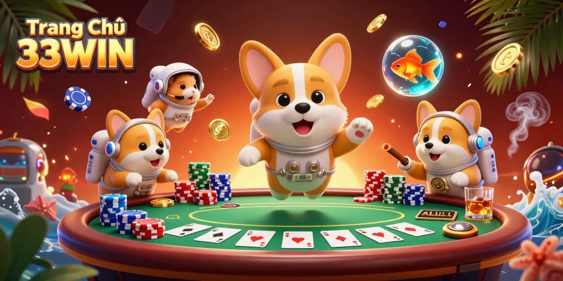 Experience thrilling gaming at Trang Chủ 33WIN with immersive 3D casino elements featuring poker chips and cartoon characters.