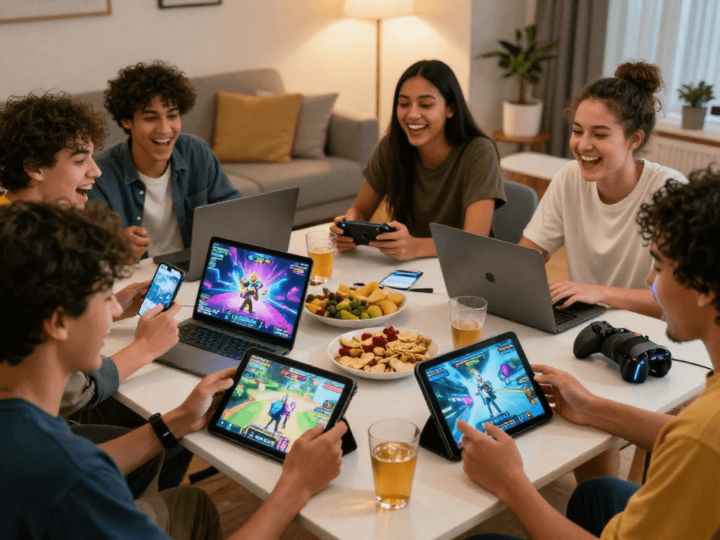 Group playing porngames online on various devices in a cozy living room.