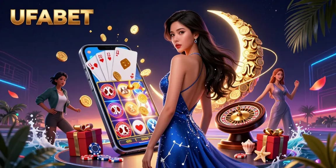 Win big at UFABET with an elegant Asian woman surrounded by casino games, coins, and excitement.