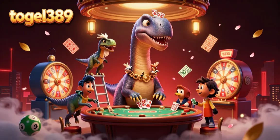 Exciting togel389 illustration with a giant brontosaurus and clever raptor dealing cards at a vibrant gambling scene.