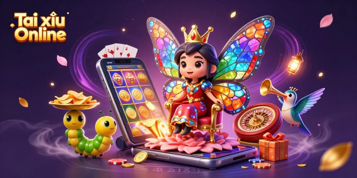 Experience Tài xỉu Online with a vibrant 3D casino illustration featuring a butterfly queen and gaming elements.