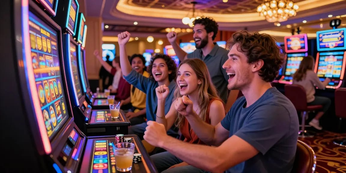 Slot gacor dalam casino, pemain merayakan kemenangan dengan suasana ceria.