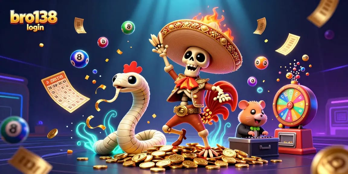 Engage with the thrilling bro138 login, where a mariachi rooster dances joyfully as colorful lottery elements surround it!