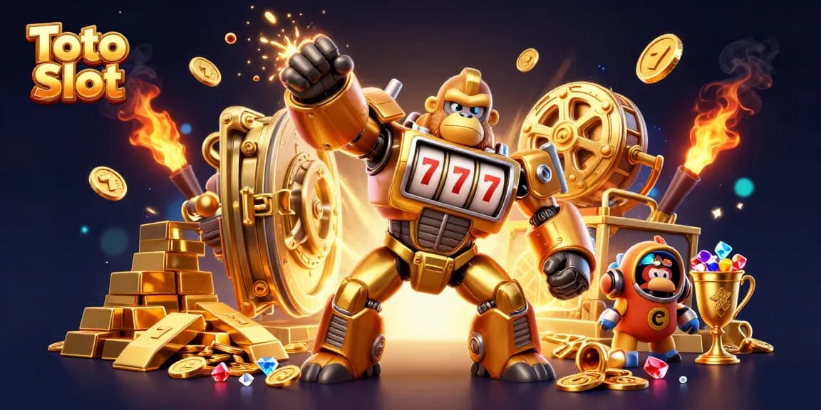 Bermain Toto Slot dan meraih jackpot besar dengan karakter gorila emas mega dan harta karun berkilau.