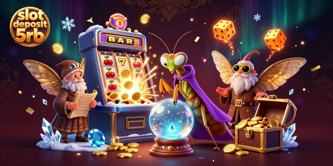 Engage in the excitement of slot deposit 5rb with dynamic winnings and vibrant casino elements surrounding mystical fortune tellers.