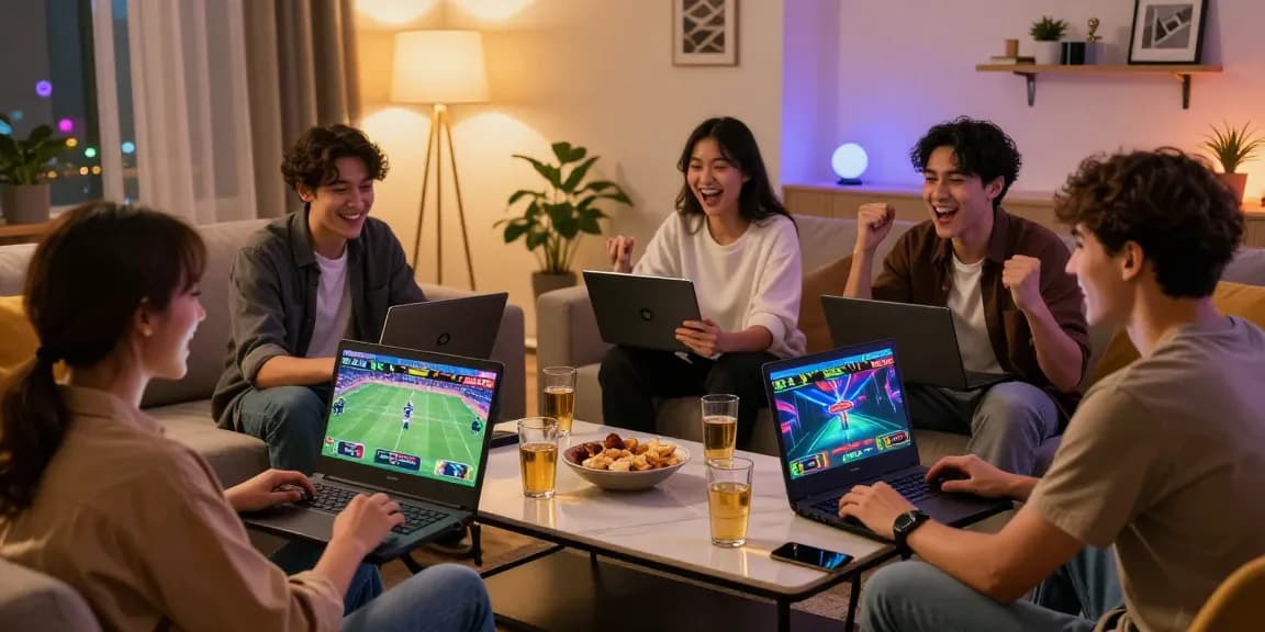 wbc247을 통해 온라인 베팅을 즐기는 친구들, 스포츠 이벤트와 카지노 게임 화면, 즐거운 분위기