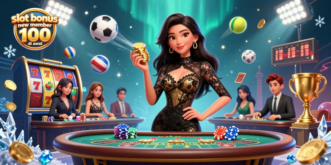 Play winning slots with the slot bonus new member 100 di awal, featuring a glamorous high-stakes scene.
