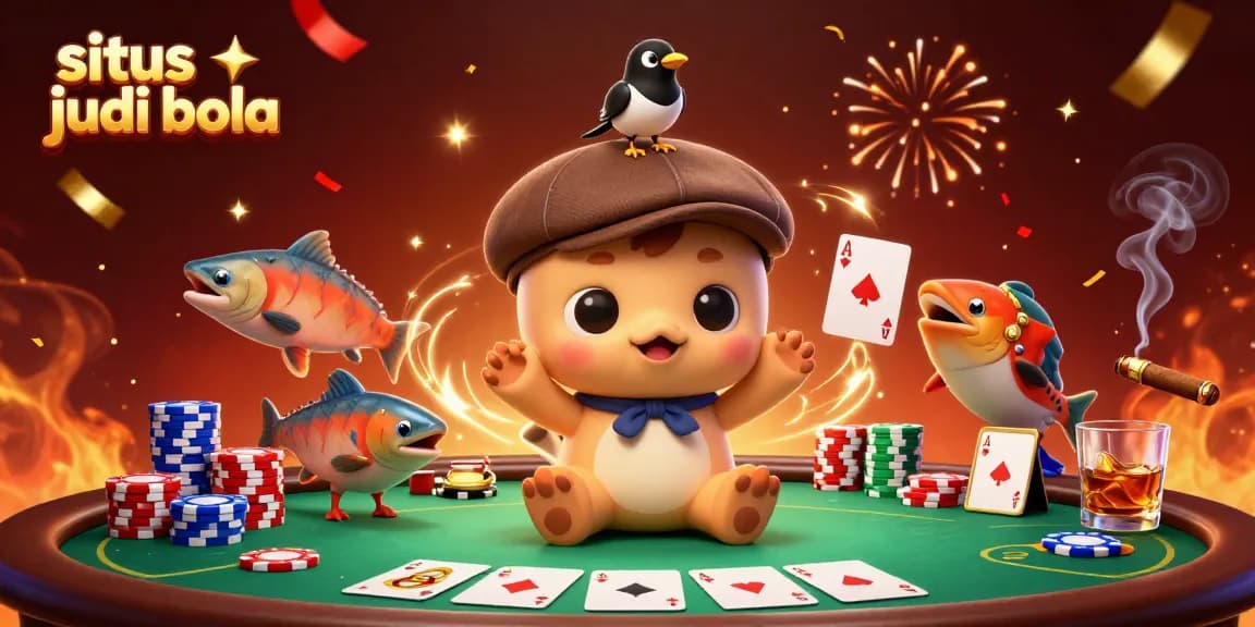 Experience situs judi bola in a vibrant world with playful cartoon characters and poker elements.