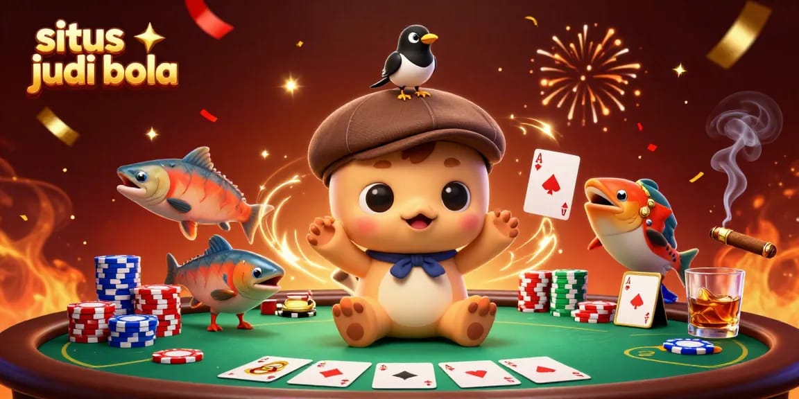Experience situs judi bola in a vibrant world with playful cartoon characters and poker elements.