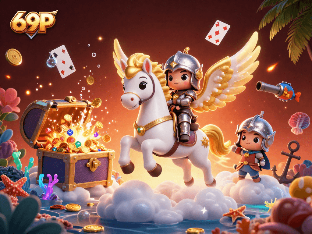 Ganhe com 69P: Cavalo celestial em um mundo de tesouros subaquáticos e cartas flutuantes.
