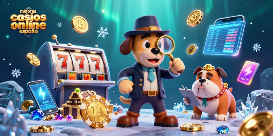 Mejores casinos online en España: detective canino jugando y buscando pistas en un entorno de casino vibrante