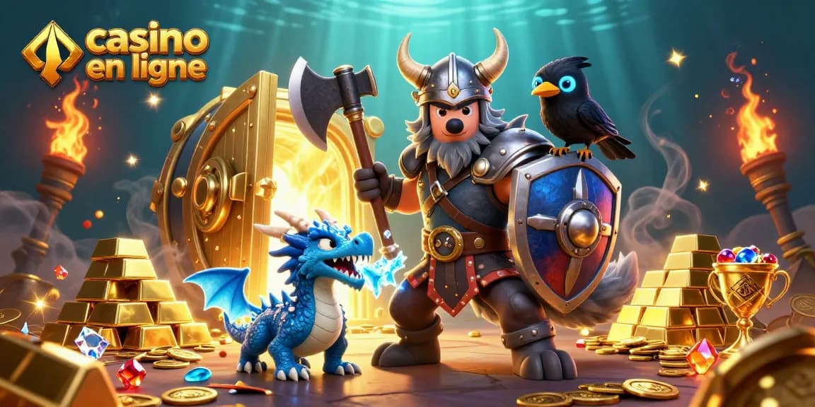 Plongez dans notre scène dynamique de casino en ligne mettant en scène un guerrier viking loup et un trésor au milieu de richesses éblouissantes.