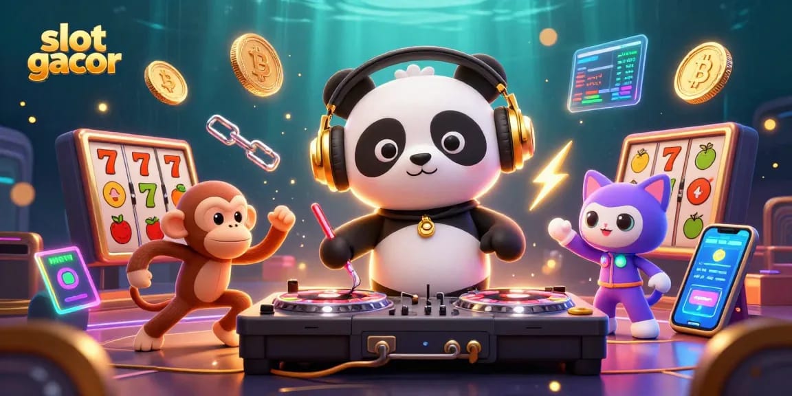 Experience exhilarating slot gacor action with a DJ panda, breakdancing monkey, and a glowing kitten in a vibrant casino scene.