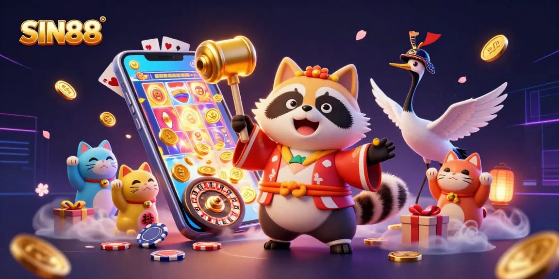 SIN88 showcases a lively 3D scene with festive characters engaging in vibrant casino action.