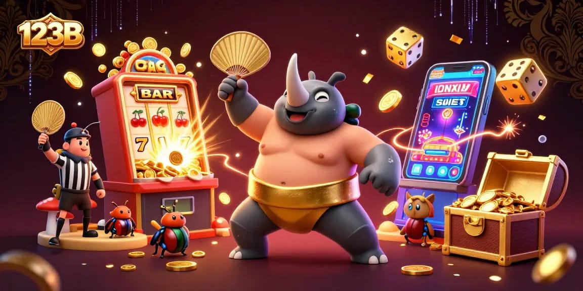 Experience thrilling slots and excitement at 123B with vibrant 3D illustration of a colorful casino scene.