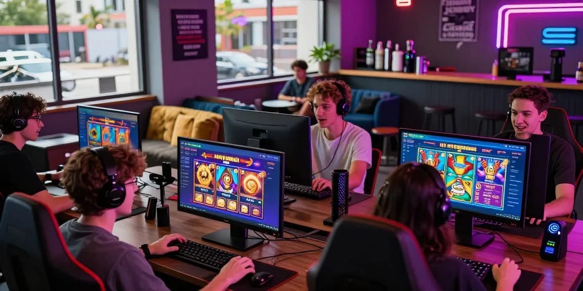 Exciting gaming atmosphere with players enjoying deposit pulsa tanpa potongan feature, showcasing vibrant community interaction and modern setups.