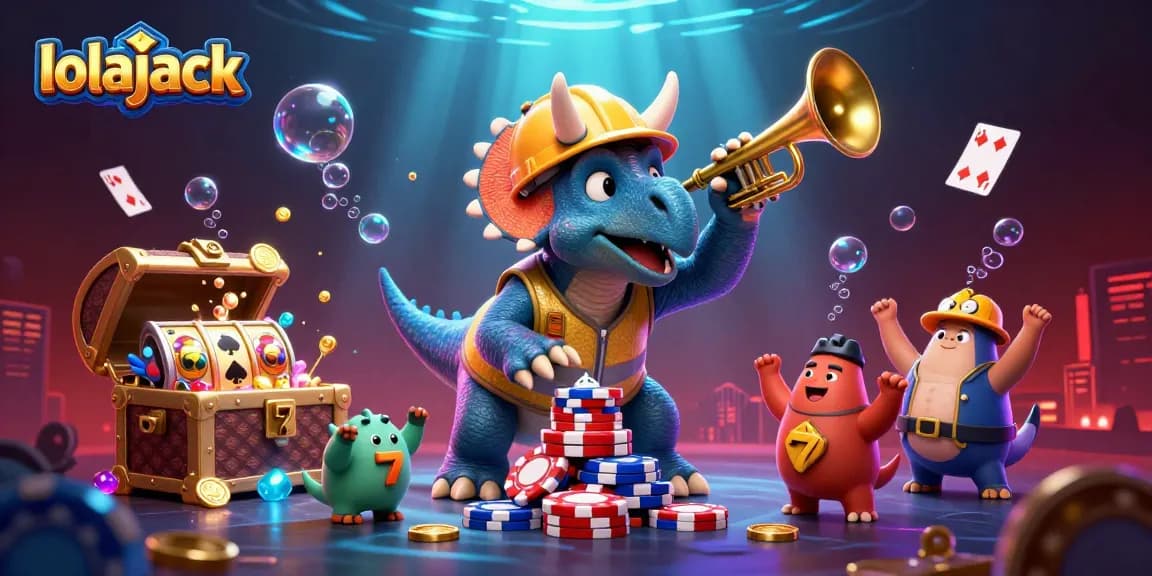 Engage with the vibrant world of lolajack, where a cheerful triceratops builds poker chip pyramids amidst dynamic casino treasures.