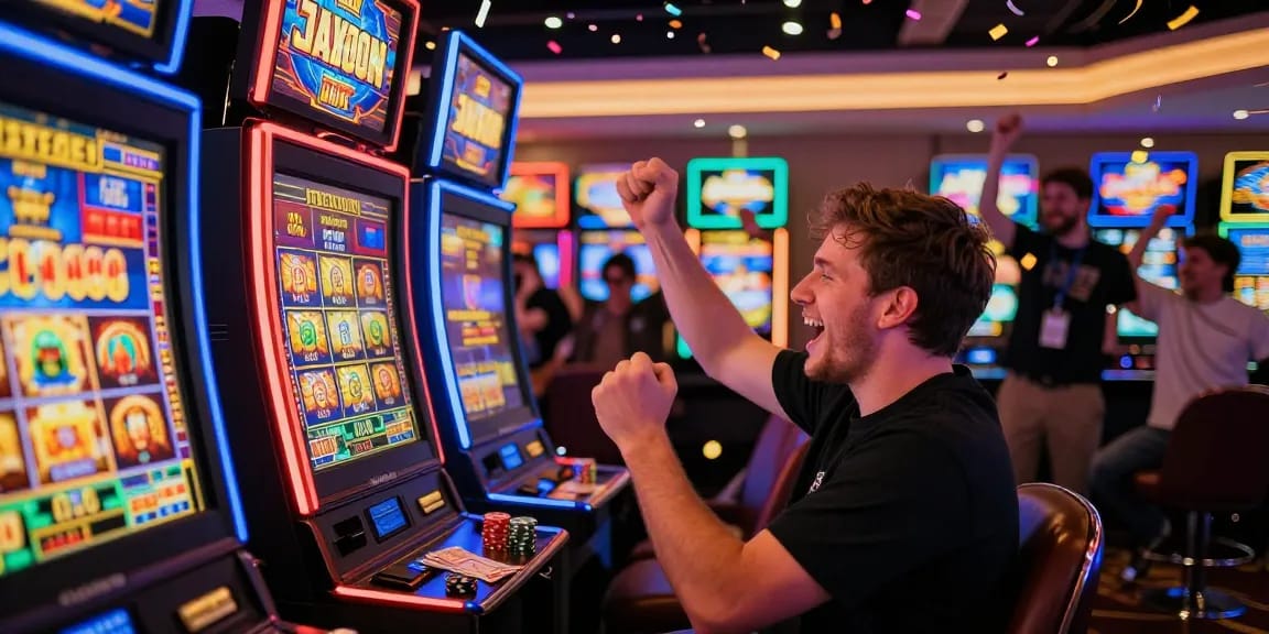 Player celebrating a big win at a colorful slot machine, showcasing the excitement of online gambling.