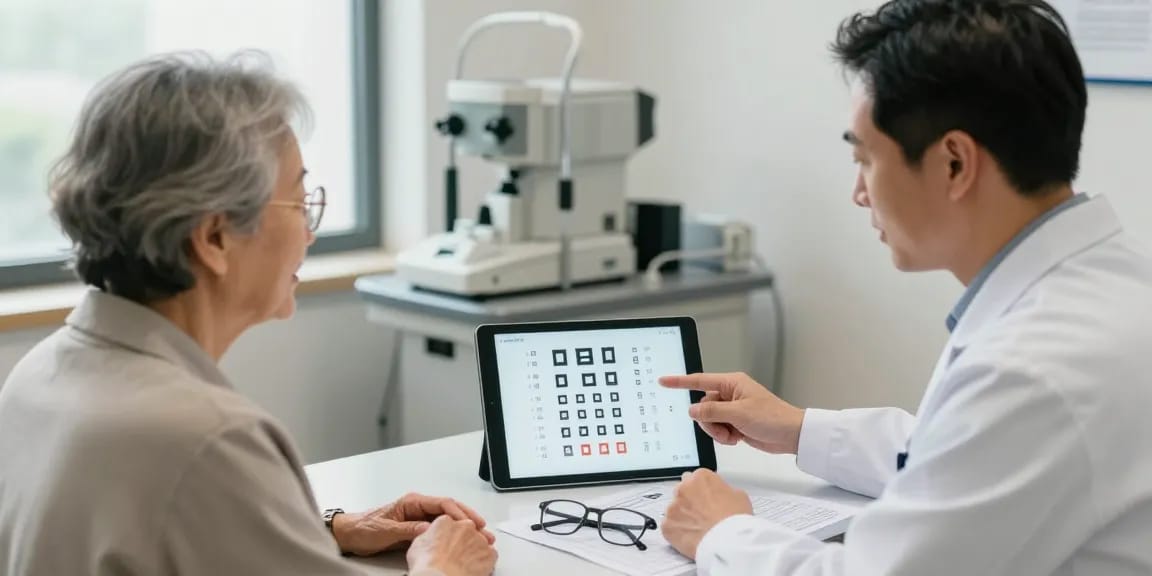 Patient discussing黄斑病變檢查 with an eye doctor using Amsler grid in a professional clinic.