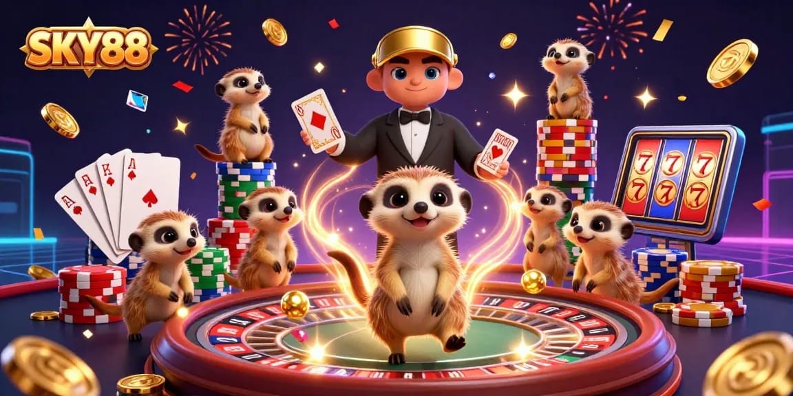 Sky88 meerkats managing a vibrant casino, celebrating with coins and jackpots.