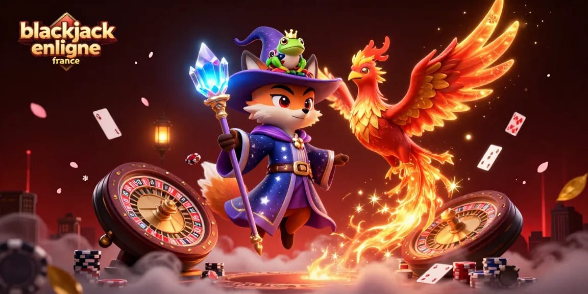 Jouez au blackjack en ligne en France avec une scène dynamique de personnages colorés et d'éléments de casino