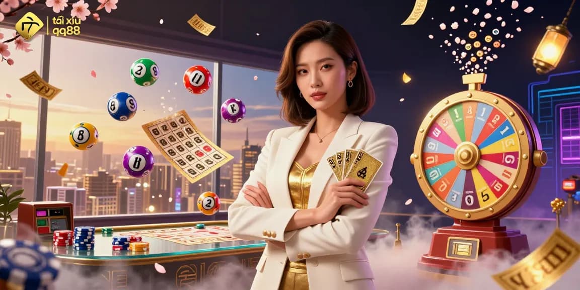 Engaging scene of tài xỉu qq88 game mechanics with vibrant lottery elements, featuring a glamorous Asian woman.