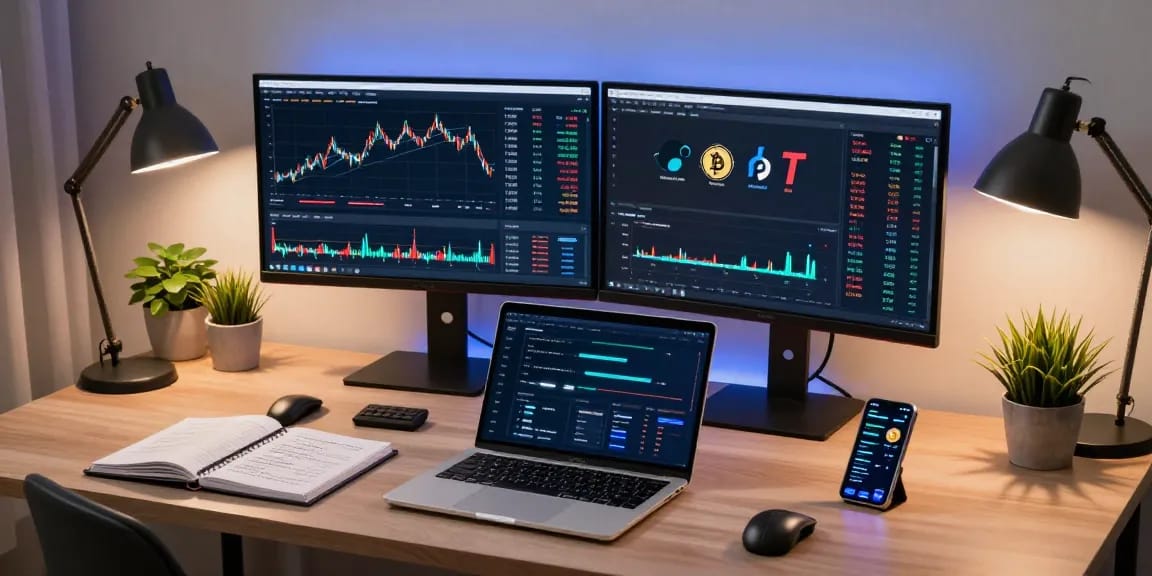 Funexchange platform presented in a sleek trading desk with cryptocurrency interfaces and digital wallet management.