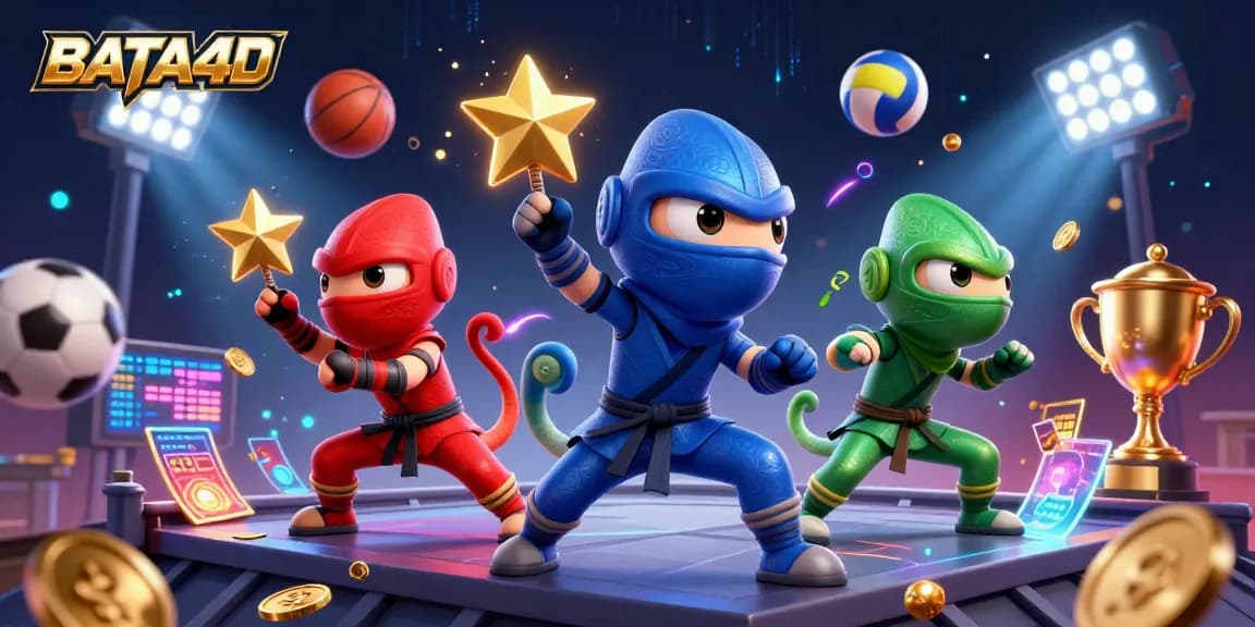 BATA4D showcases ninja chameleons surrounded by dynamic sports betting elements in a vibrant casino scene.