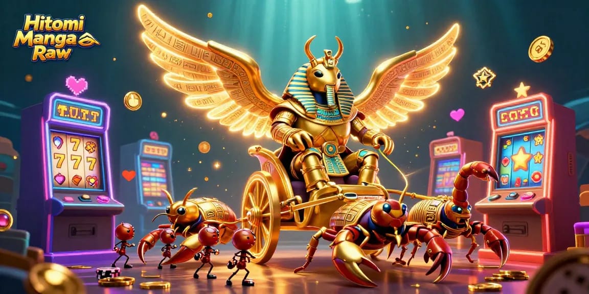 Engage in exciting gaming with Hitomi Manga Raw as a golden scarab beetle leads a vibrant casino scene.