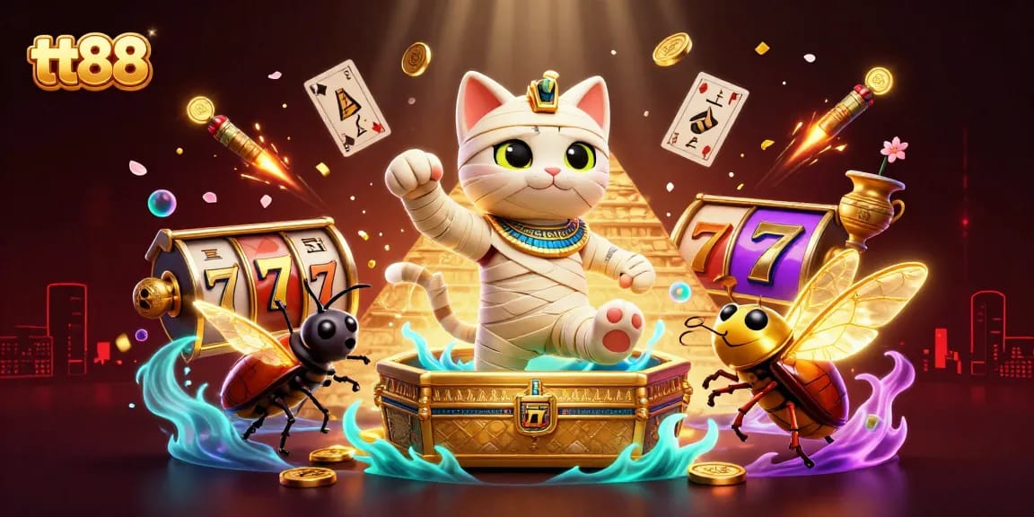 Experience thrilling slot action at tt88 with a colorful casino illustration featuring unique characters and engaging elements.