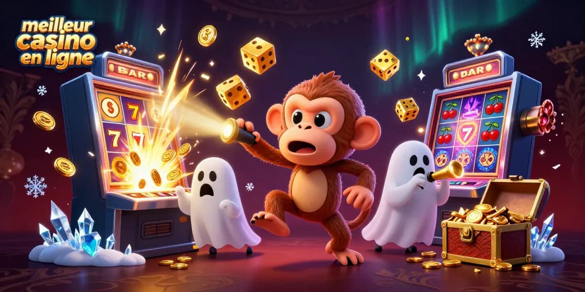 Illustration dynamique du meilleur casino en ligne avec un singe fantôme malicieux jonglant des objets dorés dans un casino hanté.