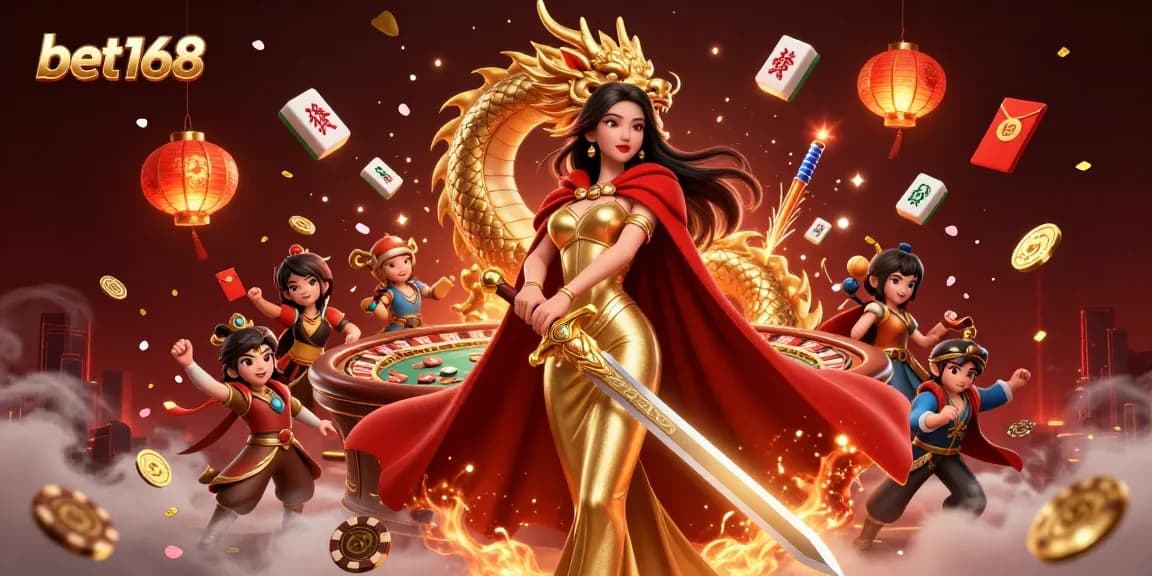 Experience thrilling gameplay at bet168 with a dazzling casino queen and lively gold elements.
