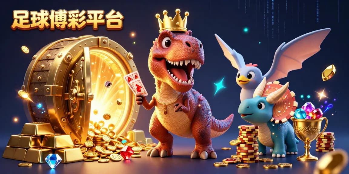 在足球博彩平台上,友好的恐龍和助手互動,周圍充滿金亮的豐富細節與賭博元素。