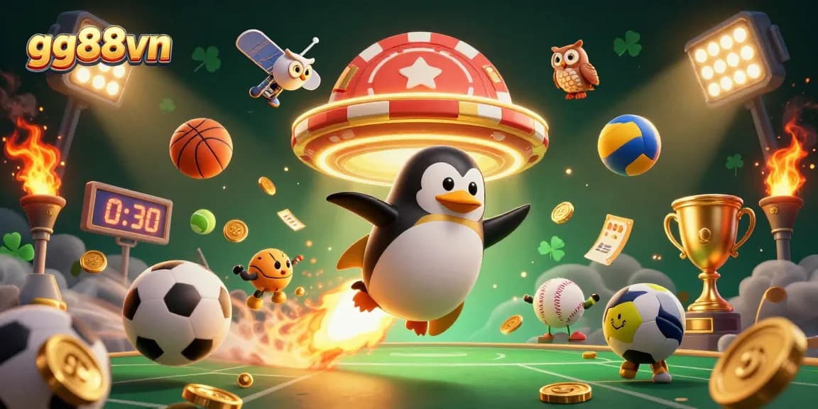 Experience thrilling sports bets with gg88vn in a vibrant casino illustration featuring a golden penguin.