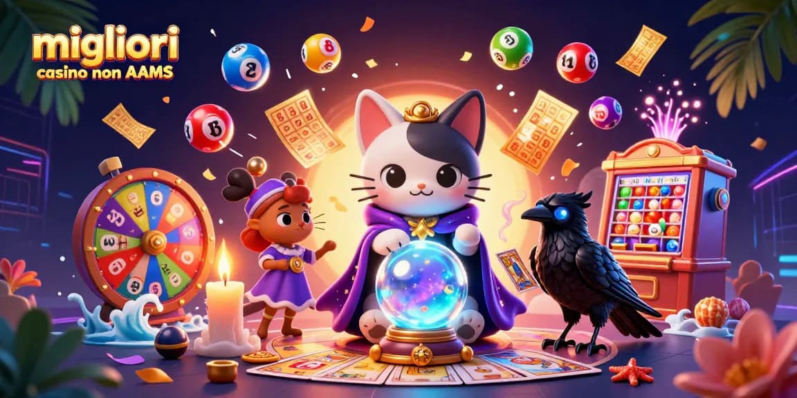 Scopri i migliori casino non AAMS con l'illustrazione di una misteriosa gatta e un corvo di tarocchi in un ambiente vivace.