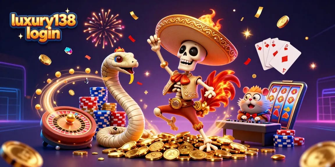 Engage with luxury138 login as a vibrant cartoon scene featuring lively characters and dynamic casino elements.