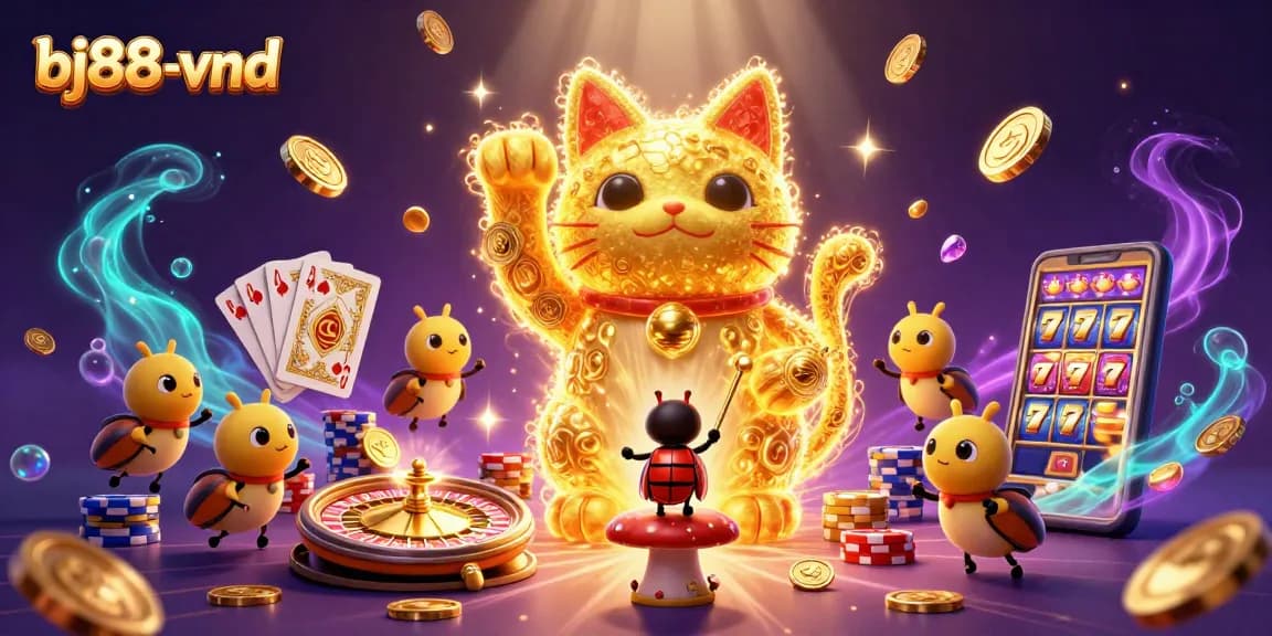 Play thrilling games at bj88-vnd with a vibrant 3D casino experience featuring a lucky cat.