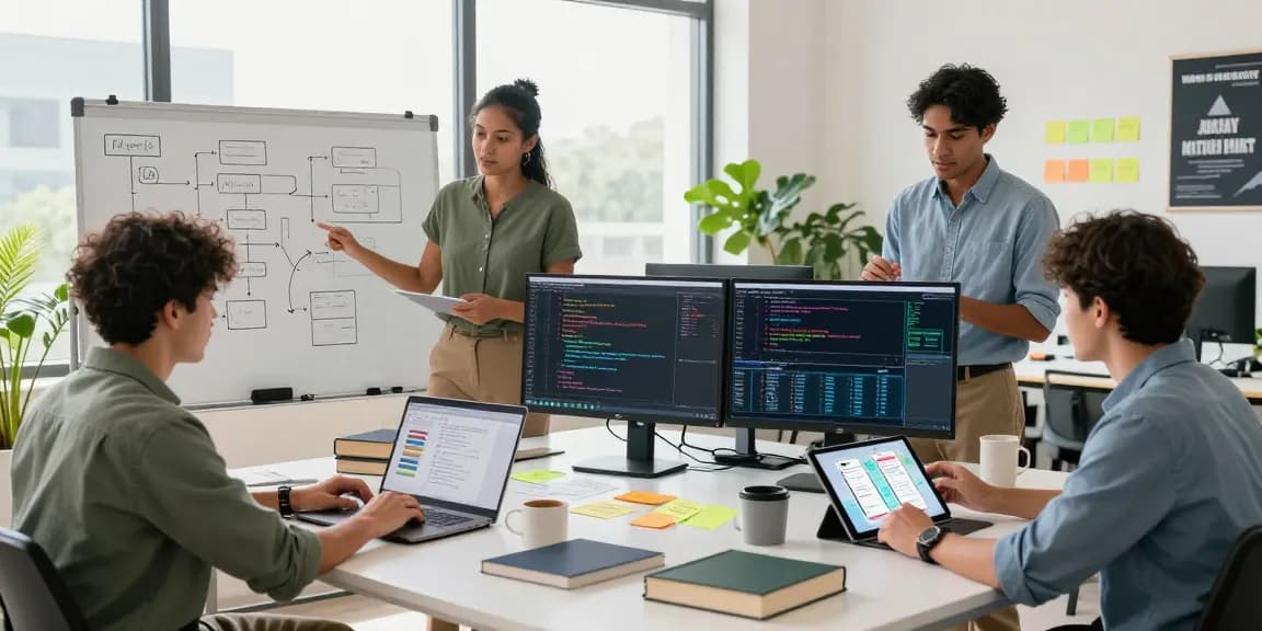 Collaborative software development team engaging with technology at their workspace on telegramin-cn.com