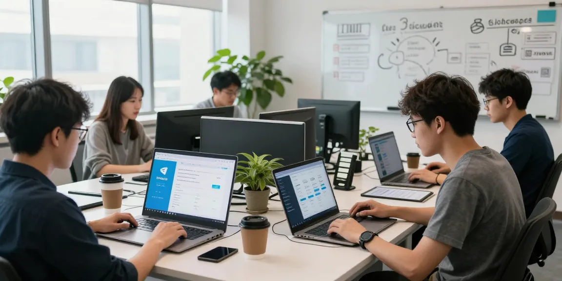 The young developer collaborating on 纸飞机中文版 features in a modern office environment with laptops, tablets, and app interfaces.