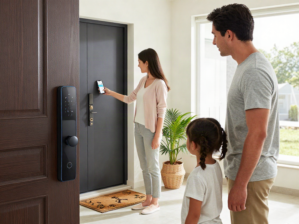 خرید قفل هوشمند showcased with a family using smart lock technology at home, highlighting modern security