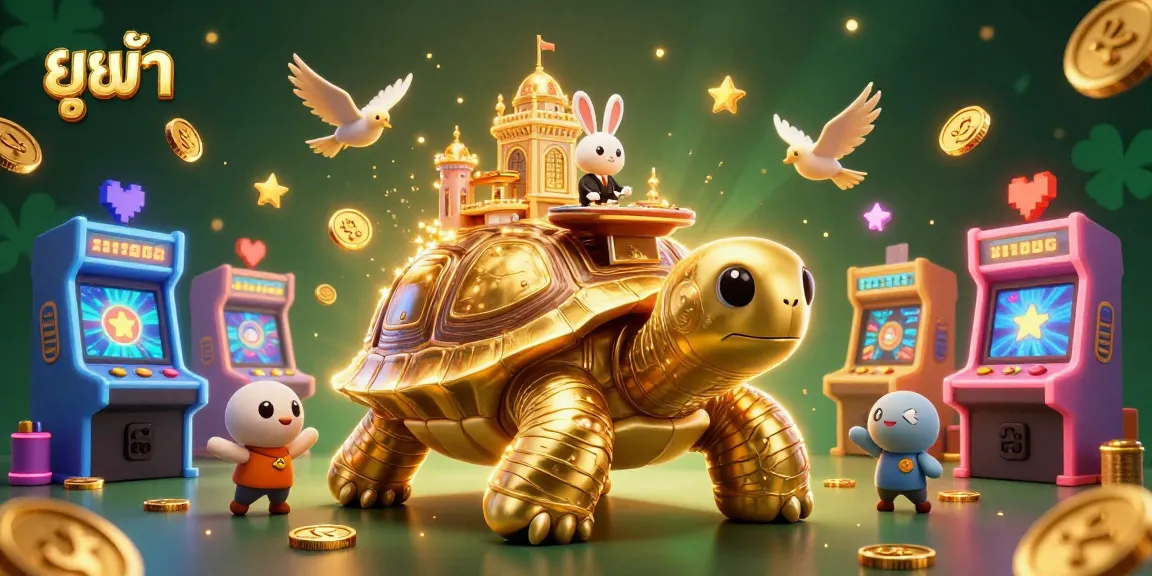 Experience thrilling arcade action at ยูฟ้า with a vibrant 3D casino scene featuring a golden tortoise and a rabbit dealer.